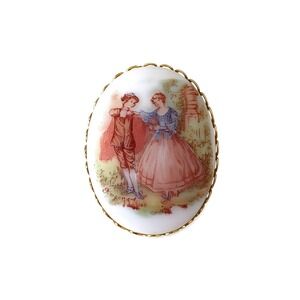 Vintage Fragonard France Porcelain Brooch Pin Gold‎ Tone Victorian Couple Signed
